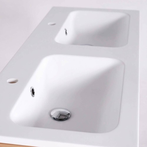 Meuble de salle de bain double vasque en bois massif, blanc mat - Satya