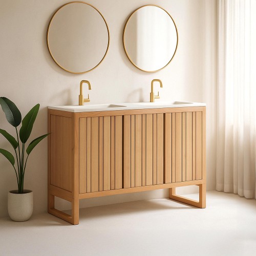 Meuble de salle de bain double vasque en bois massif, blanc mat - Satya