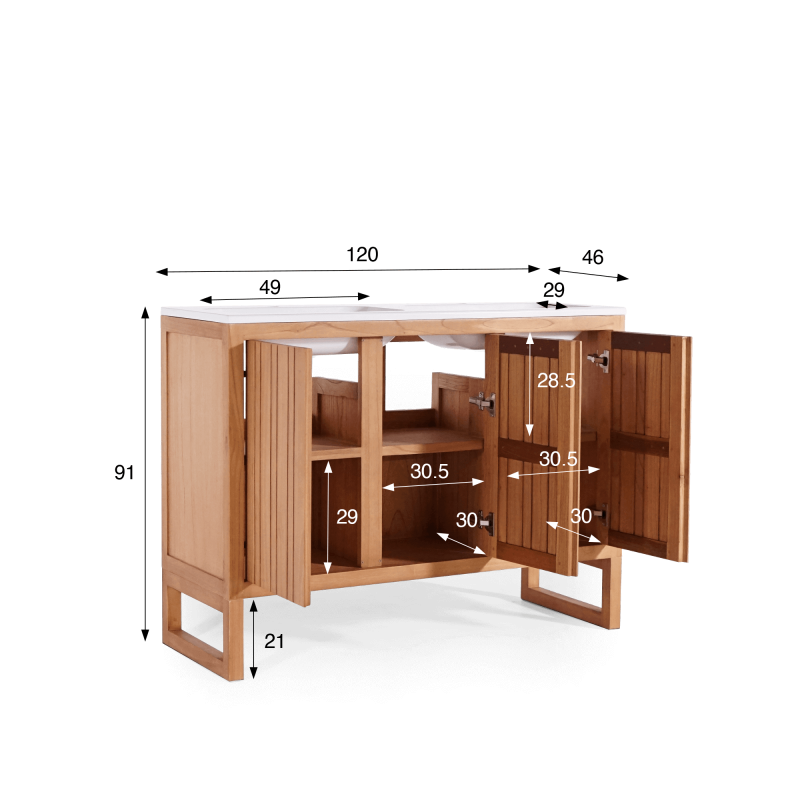 Meuble de salle de bain double vasque en bois massif, blanc mat - Satya