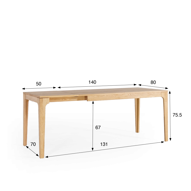 Table à manger rectangulaire en bois de chêne 140 x 80 cm avec allonge 50 cm