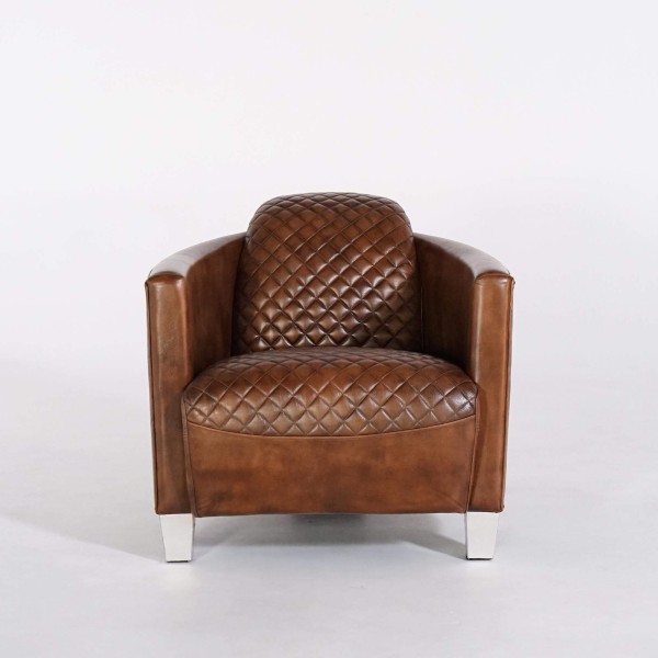 Fauteuil club anglais en cuir marron véritable style industriel - Oscar