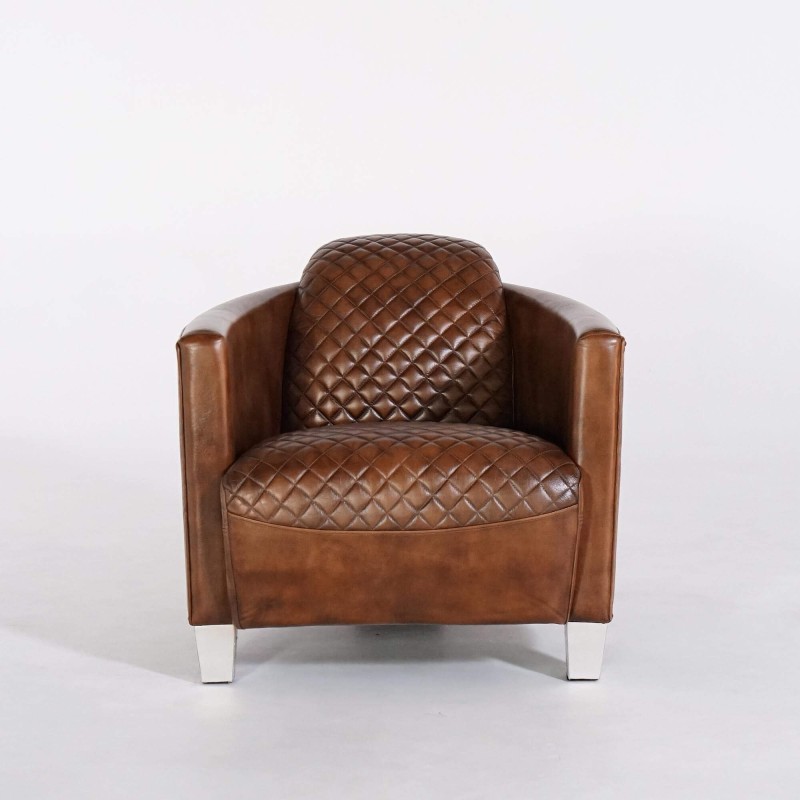 Fauteuil club anglais en cuir marron véritable style industriel - Oscar