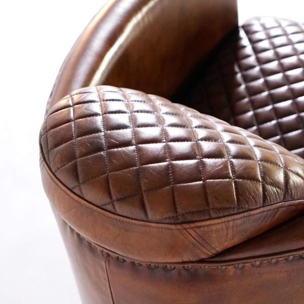 Fauteuil club anglais en cuir marron véritable style industriel - Oscar