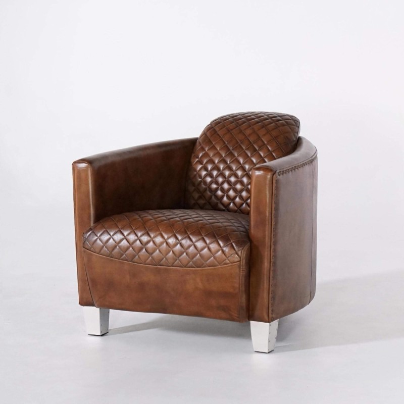 Fauteuil club anglais en cuir marron véritable style industriel - Oscar