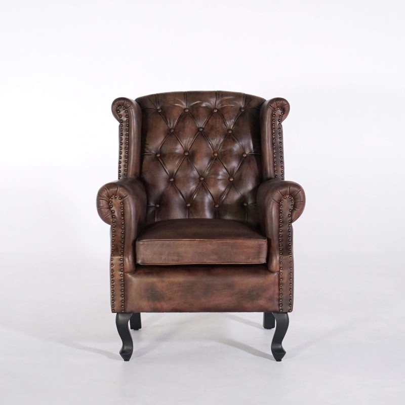 Fauteuil club anglais wingback en cuir brun foncé - George