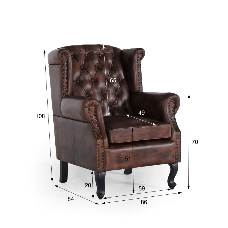 Fauteuil club anglais wingback en cuir brun foncé - George