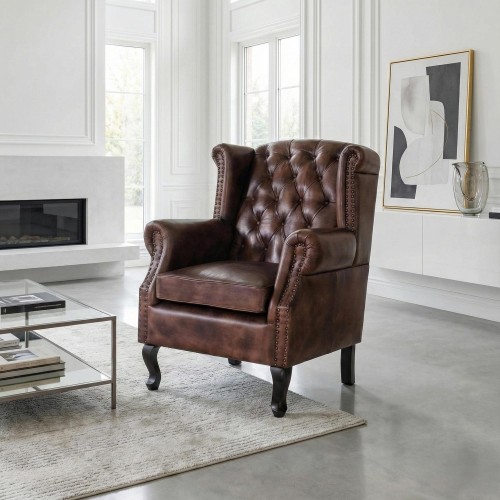 Fauteuil club anglais wingback en cuir brun foncé - George