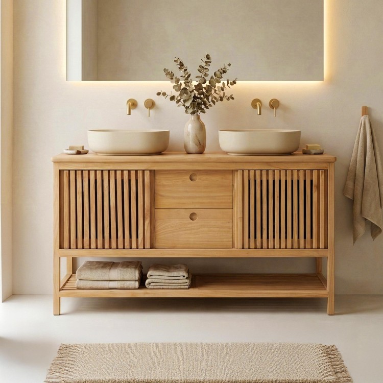 Meuble de salle de bain sous vasque en bois massif 140 cm - Rohini