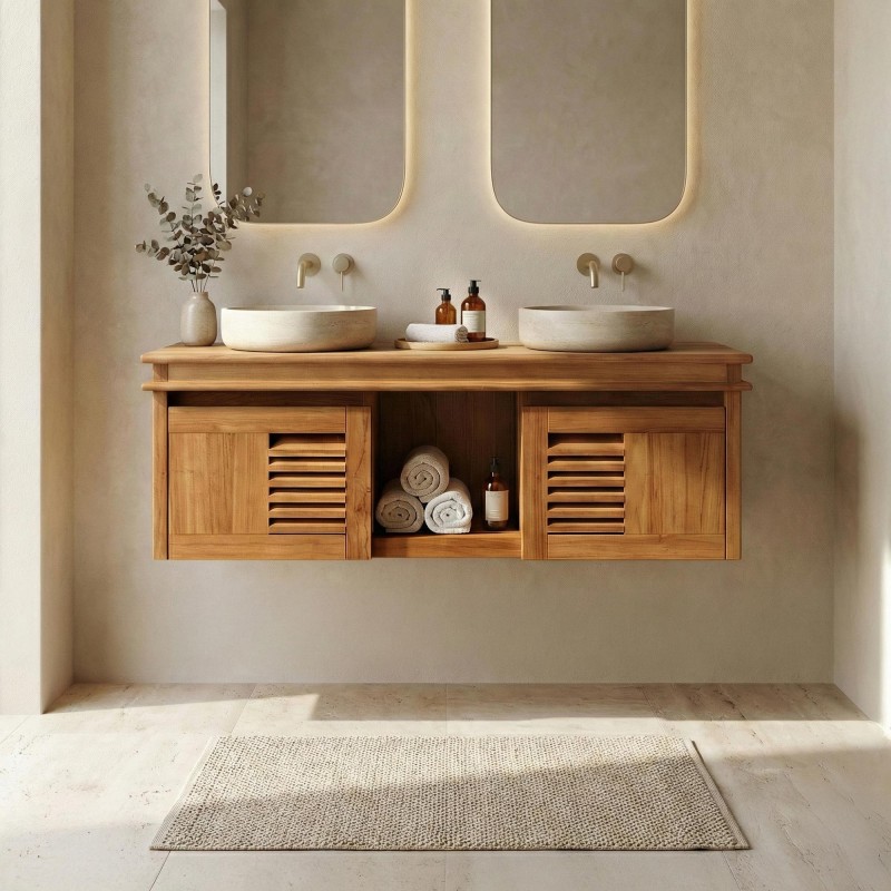 Meuble de salle de bain 120 cm double vasque en teck massif - Mira