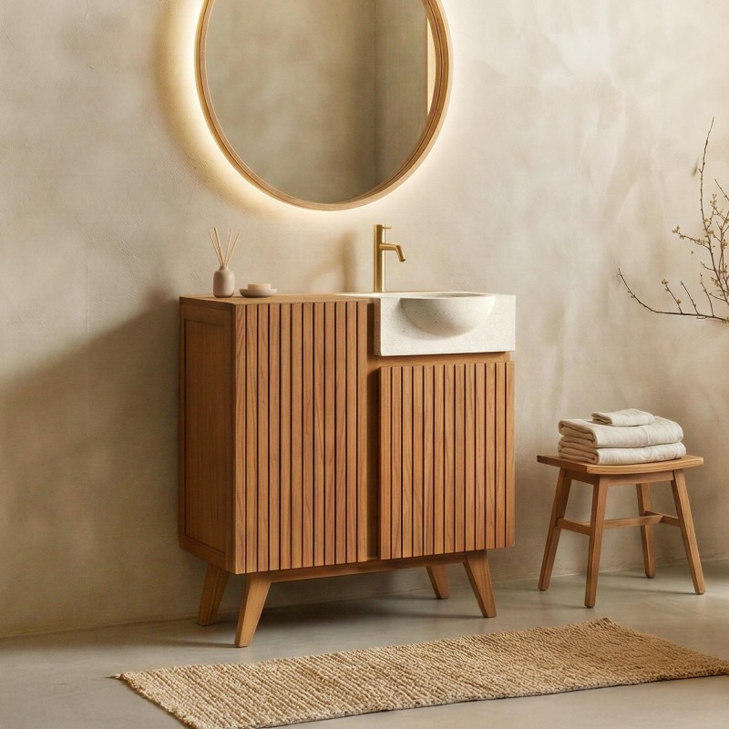 Meuble lave-mains en bois de teck massif et vasque en terrazzo blanc - Neela