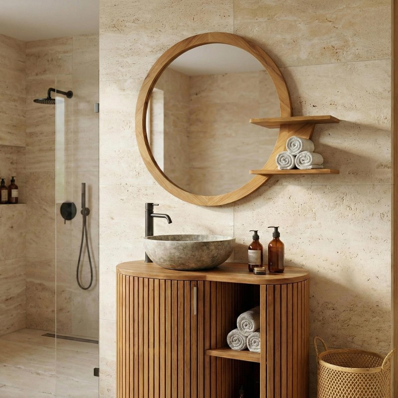 Miroir ovale avec encadrement et tablettes intégrees en teck - Leela