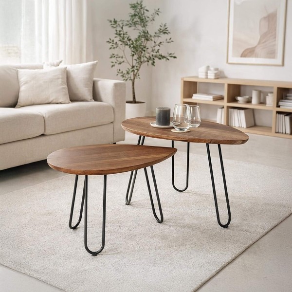 Tables basses scandinaves gigognes style scandinave avec plateau en bois massif d’acacia et pied en métal