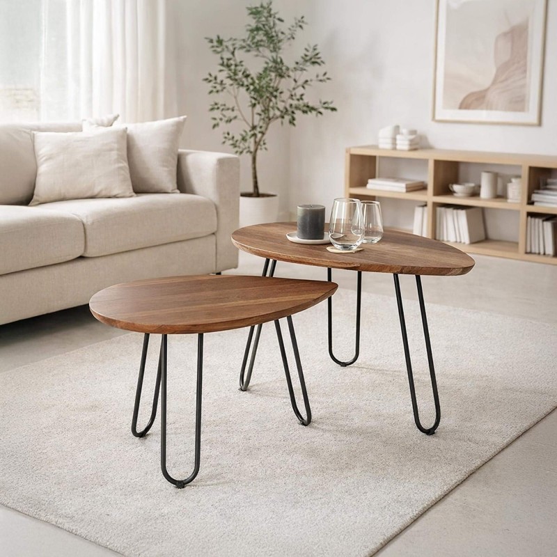 Tables basses scandinaves gigognes style scandinave avec plateau en bois massif d’acacia et pied en métal