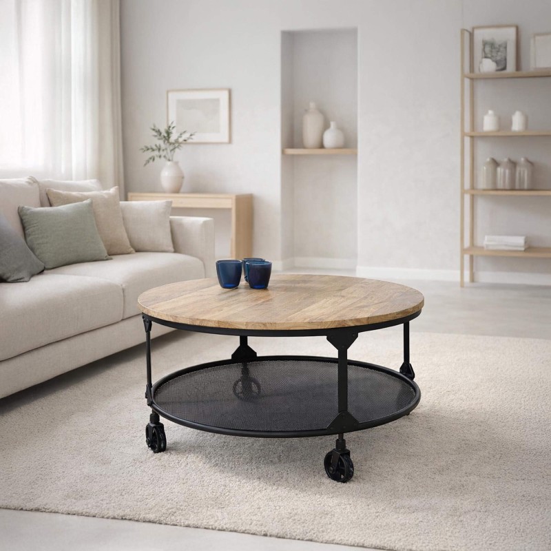 Table basse industrielle ronde avec plateau en bois massif et plateau en métal - Wild west