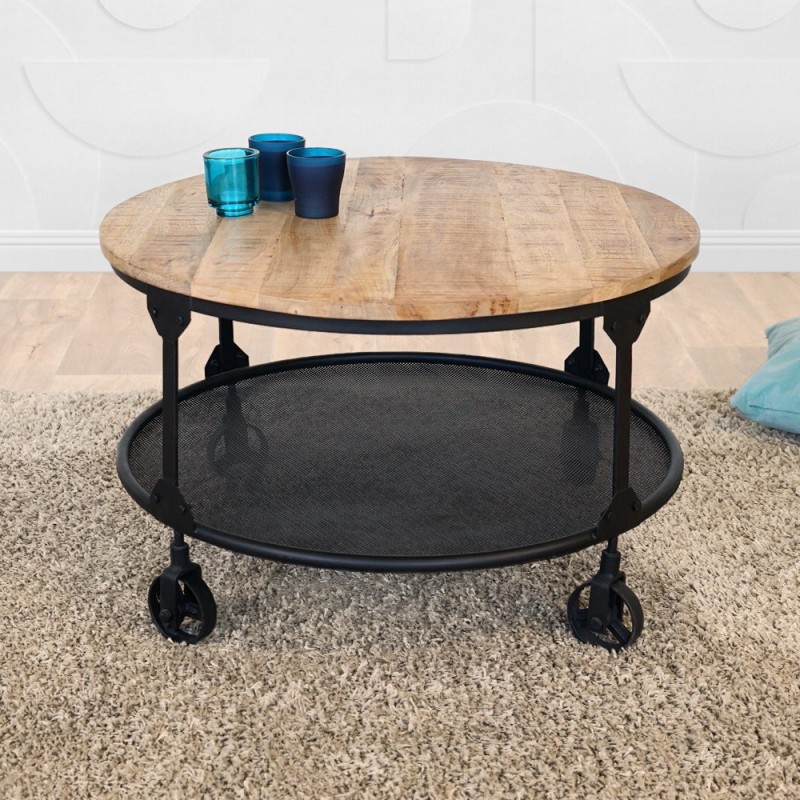 Table basse industrielle ronde avec plateau en bois massif et plateau en métal - Wild west