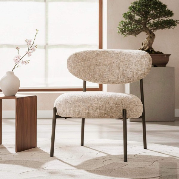 Fauteuil lounge de salon en tissu bouclette et pieds métal - Mellow