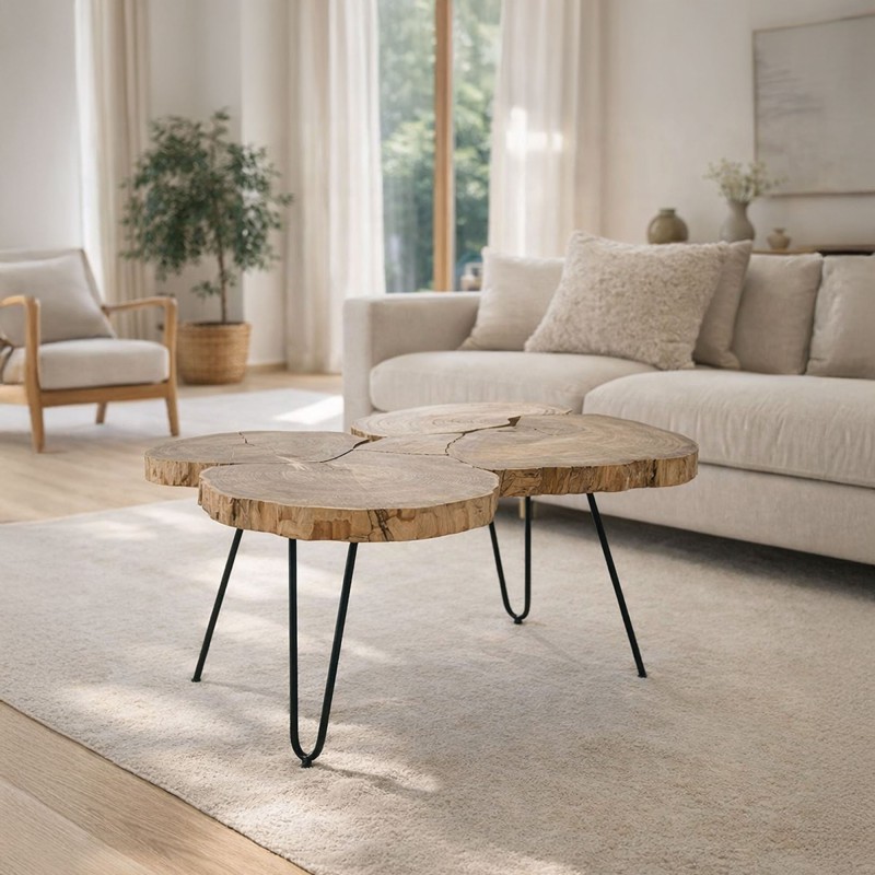 Table basse en bois massif d'acacia et pieds en métal