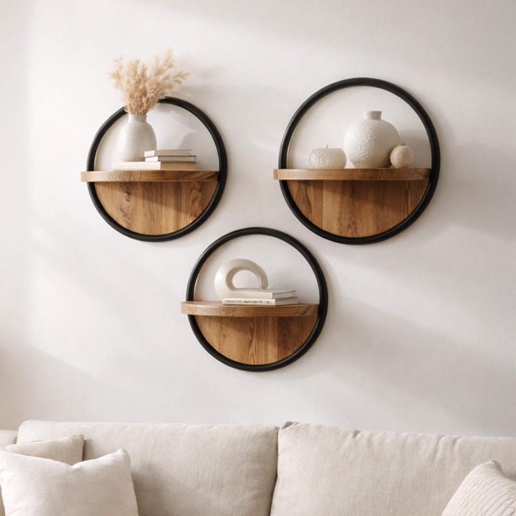 Etagère murale industrielle ronde avec tablette bois (lot de 3) - Urban