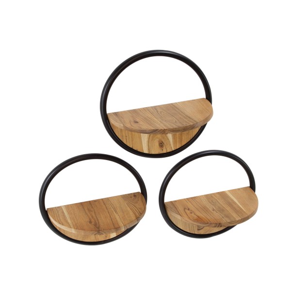 Etagère murale industrielle ronde avec tablette bois (lot de 3) - Urban