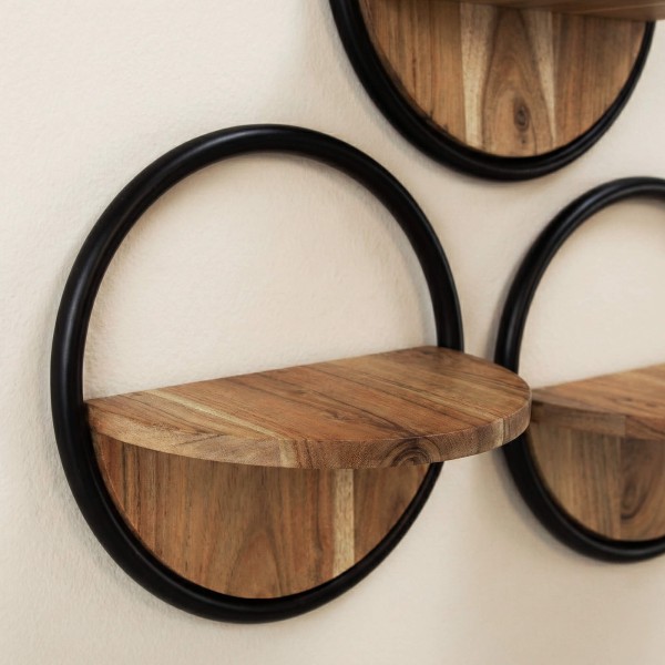 Etagère murale industrielle ronde avec tablette bois (lot de 3) - Urban