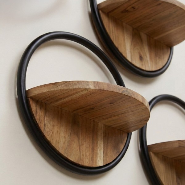 Etagère murale industrielle ronde avec tablette bois (lot de 3) - Urban