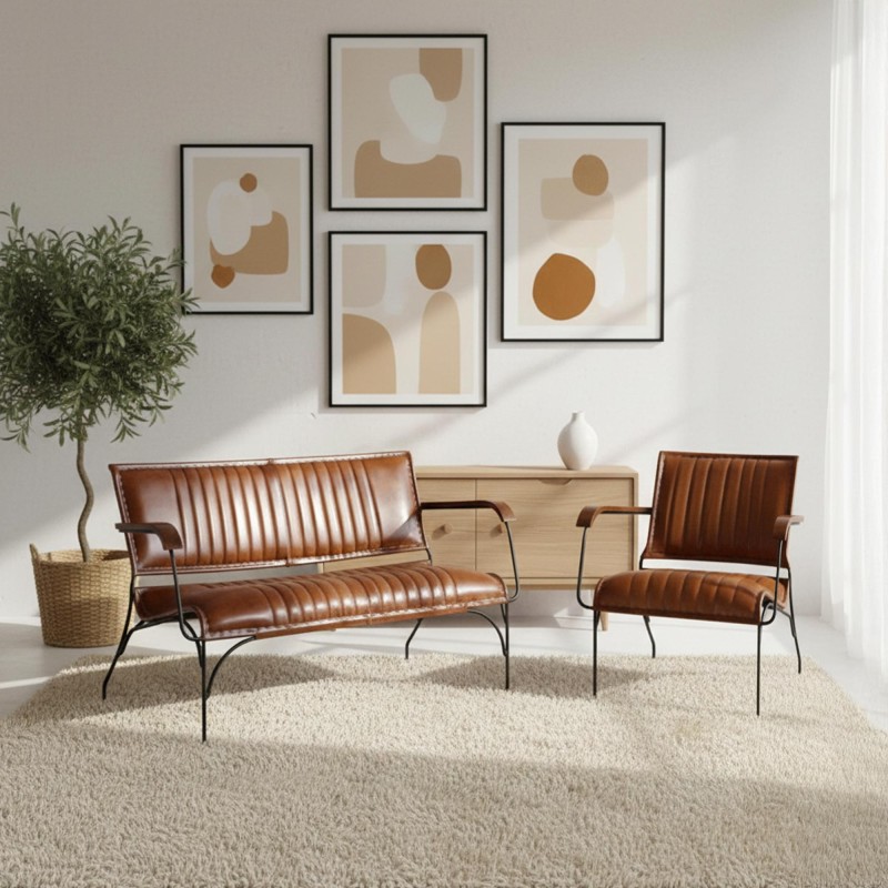 Fauteuil vintage en cuir marron 3 places - Cosy