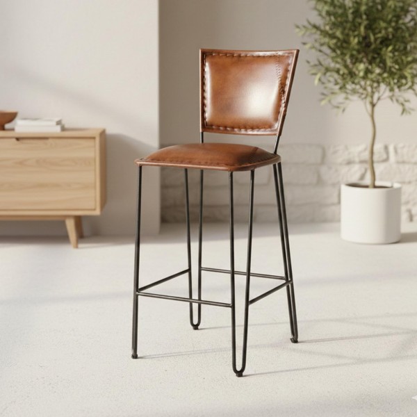 Chaise haute de cuisine vintage métal et cuir - Smart