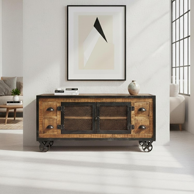 Meuble TV industriel 4 tiroirs finition carbone