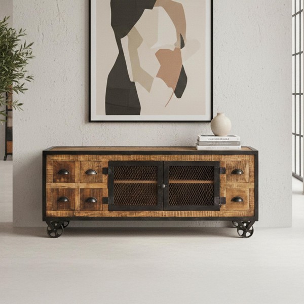 Meuble TV industriel 6 tiroirs finition carbone