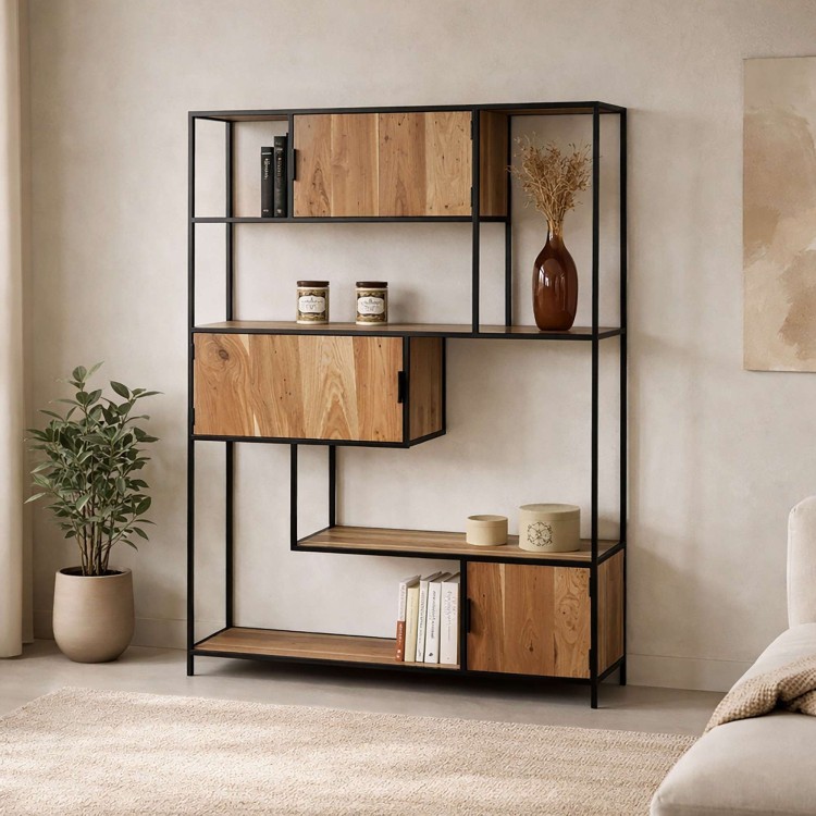 Etagère bibliothèque industrielle bois et métal avec portes