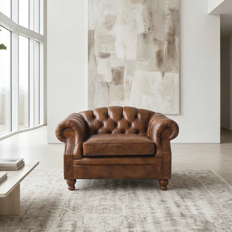 Fauteuil Chesterfield en cuir véritable marron - Harold