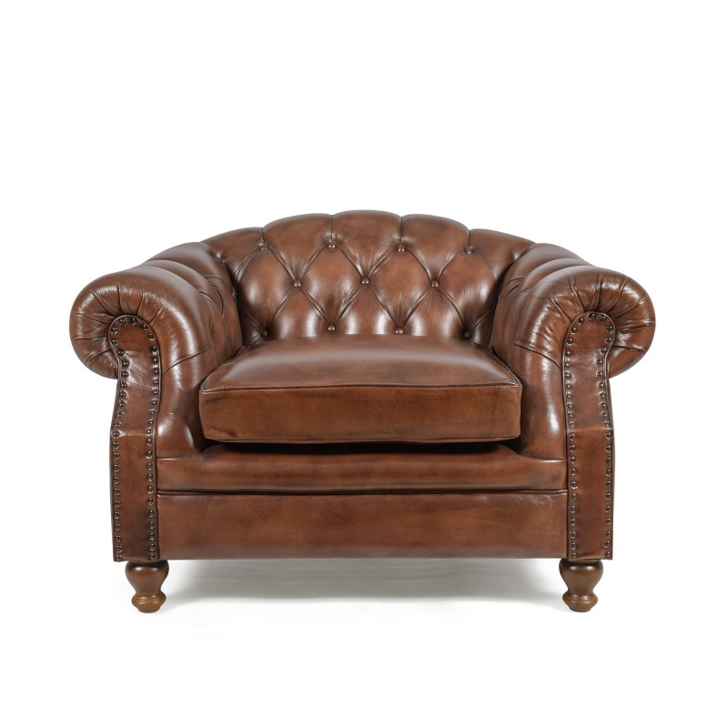 Fauteuil Chesterfield en cuir véritable marron - Harold