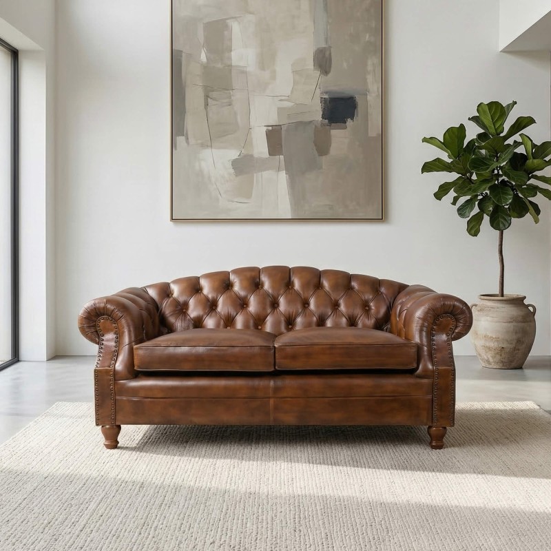 Canapé Chesterfield en cuir véritable marron 2 places - Harold