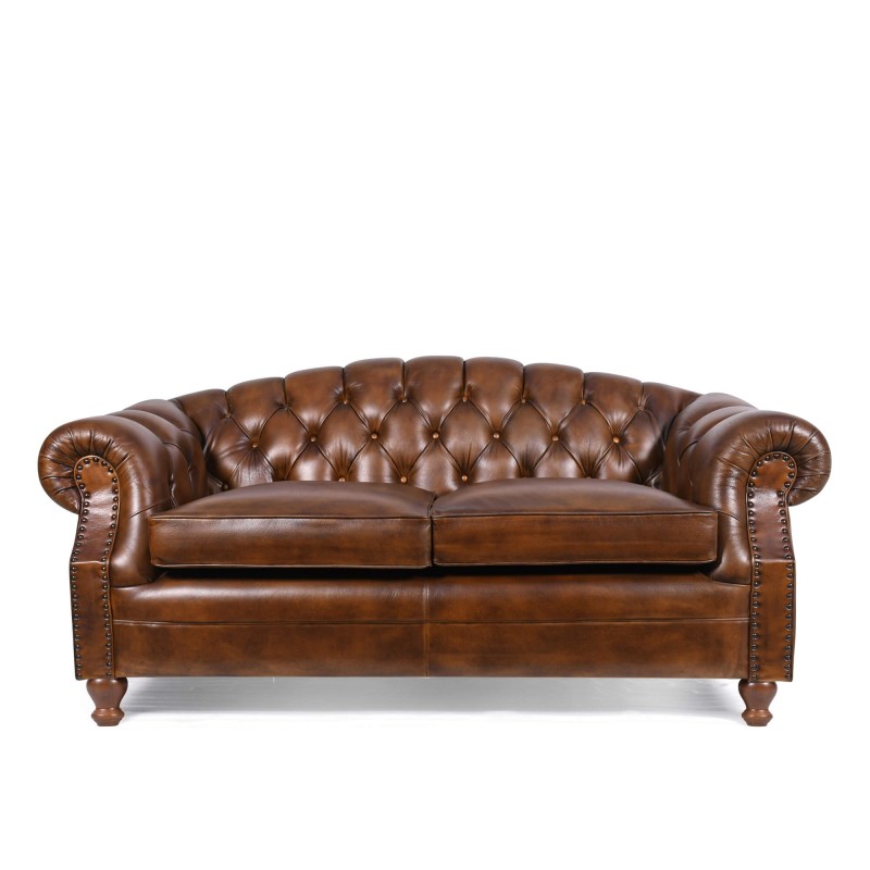 Canapé Chesterfield en cuir véritable marron 2 places - Harold