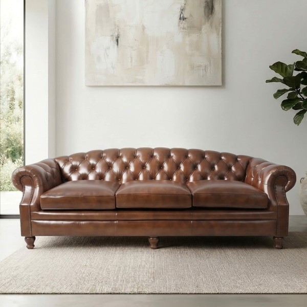 Canapé Chesterfield en cuir véritable marron 3 places - Harold
