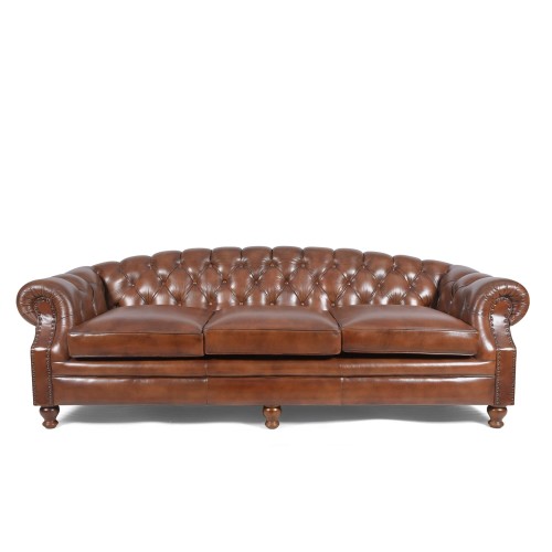 Canapé Chesterfield en cuir véritable marron 3 places - Harold