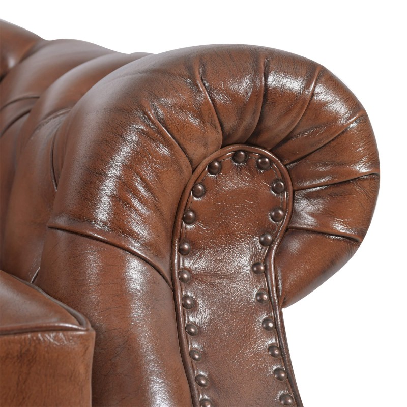 Canapé Chesterfield en cuir véritable marron 3 places - Harold