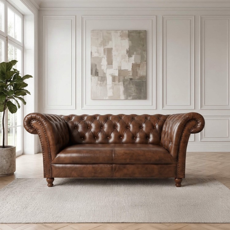 Canapé Chesterfield en cuir véritable marron 2 places - Henry