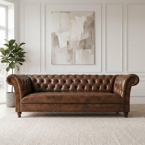 Canapé Chesterfield en cuir véritable marron 3 places - Henry