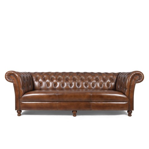 Canapé Chesterfield en cuir véritable marron 3 places - Henry