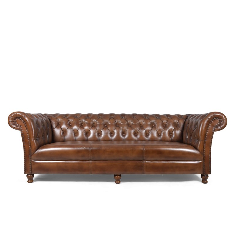 Canapé Chesterfield en cuir véritable marron 3 places - Henry