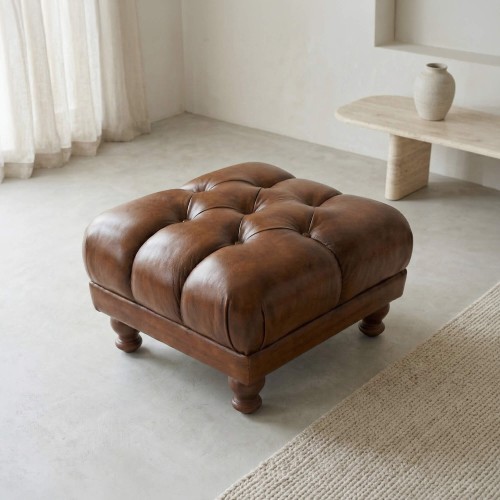 Pouf capitonné en cuir véritable marron