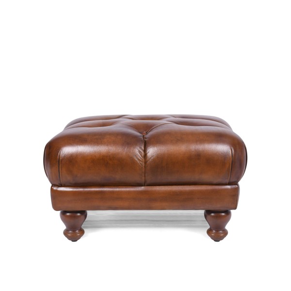 Pouf capitonné en cuir véritable marron