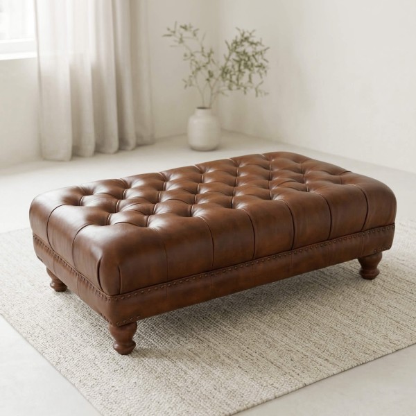 Repose-pieds capitonné en cuir véritable marron