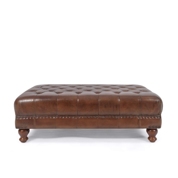 Repose-pieds capitonné en cuir véritable marron