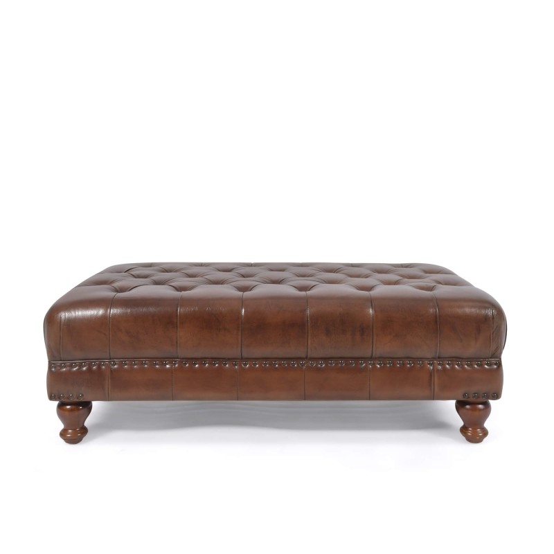 Repose-pieds capitonné en cuir véritable marron