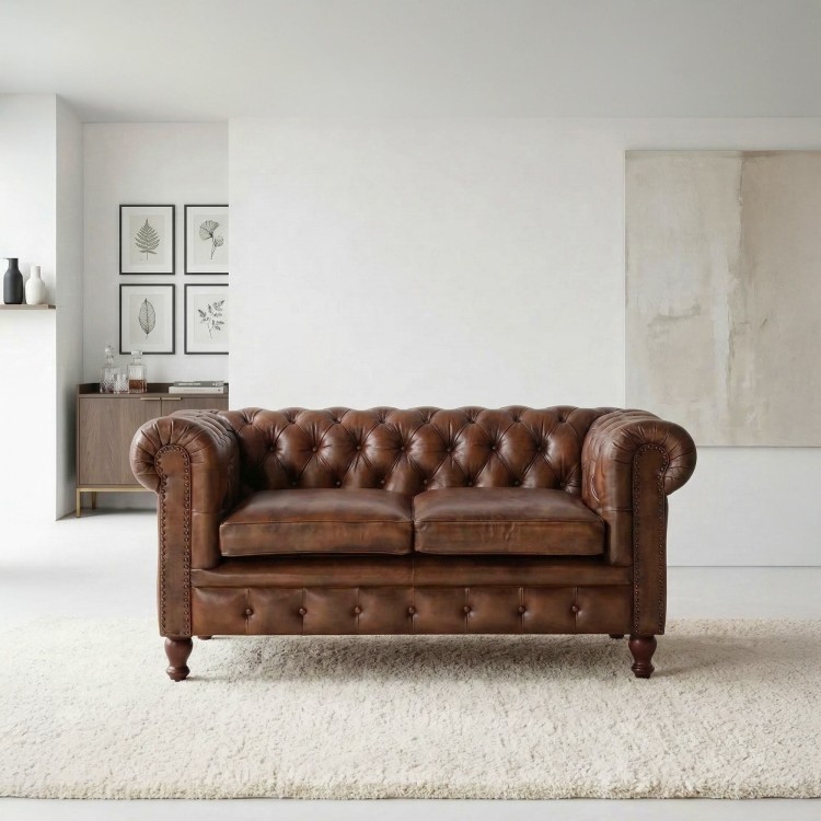 Canapé Chesterfield en cuir véritable marron 2 places - Edward