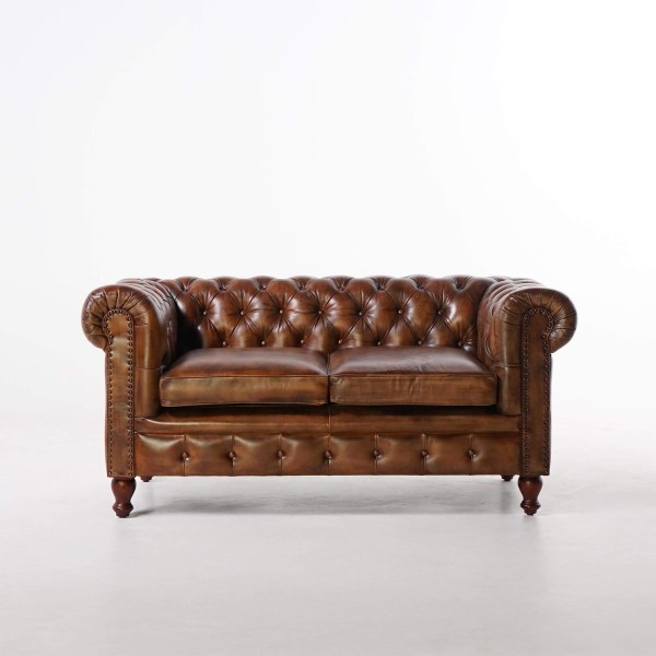 Canapé Chesterfield en cuir véritable marron 2 places - Edward