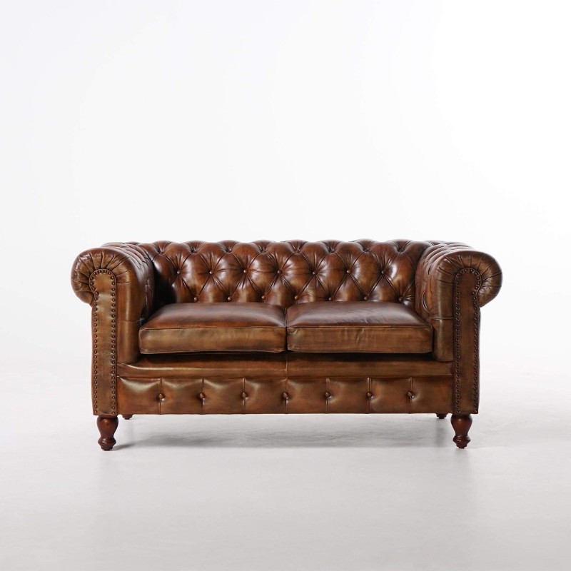 Canapé Chesterfield en cuir véritable marron 2 places - Edward