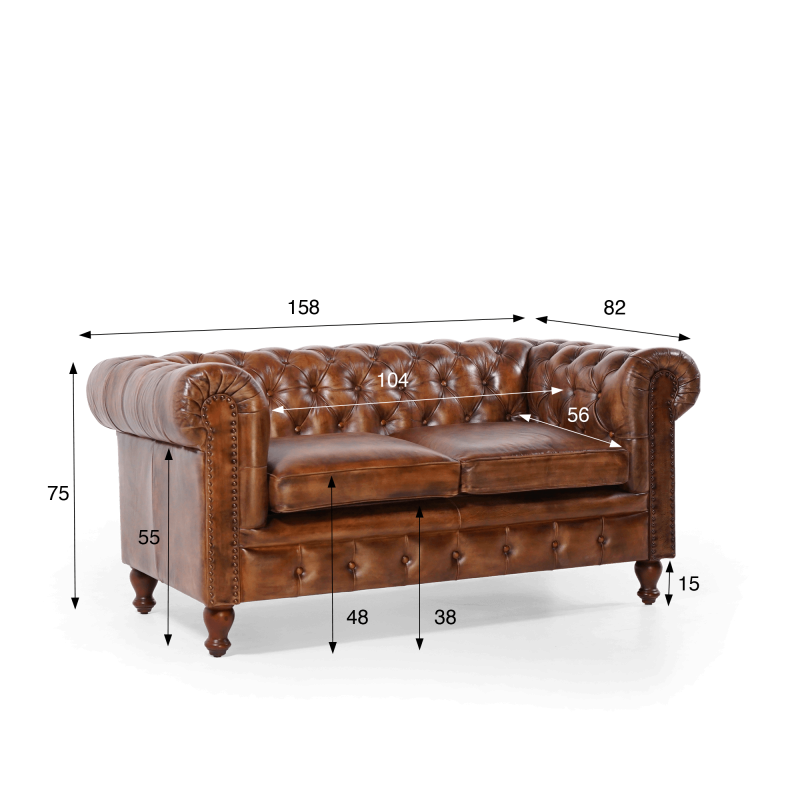 Canapé Chesterfield en cuir véritable marron 2 places - Edward